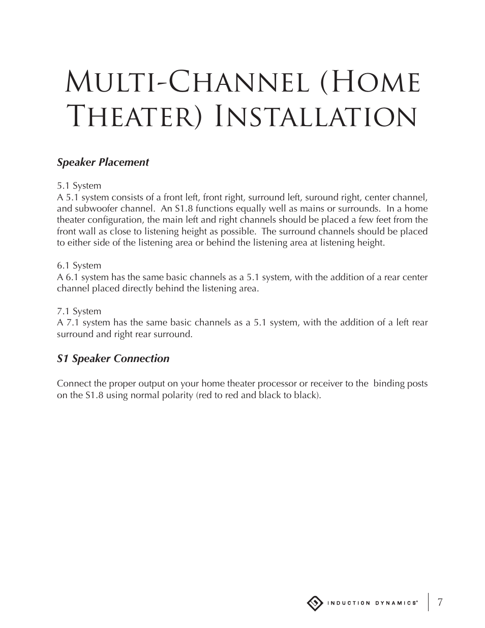 Multi-channel (home theater) installation | Induction Dynamics S1.8 User Manual | Page 8 / 14
