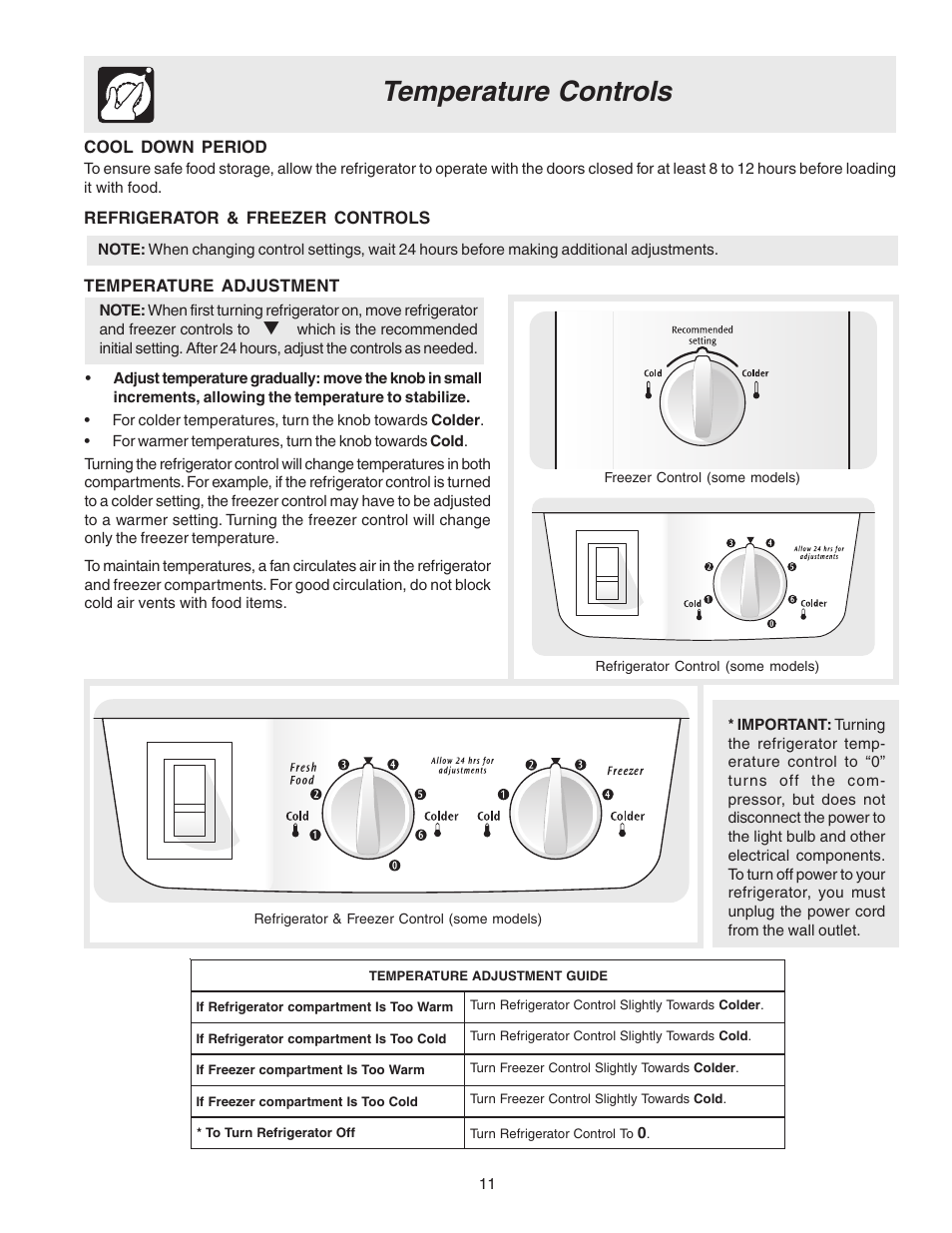 Temperature controls, Cool down period, Refrigerator & freezer controls | Temperature adjustment | Crosley 241559900 User Manual | Page 11 / 21