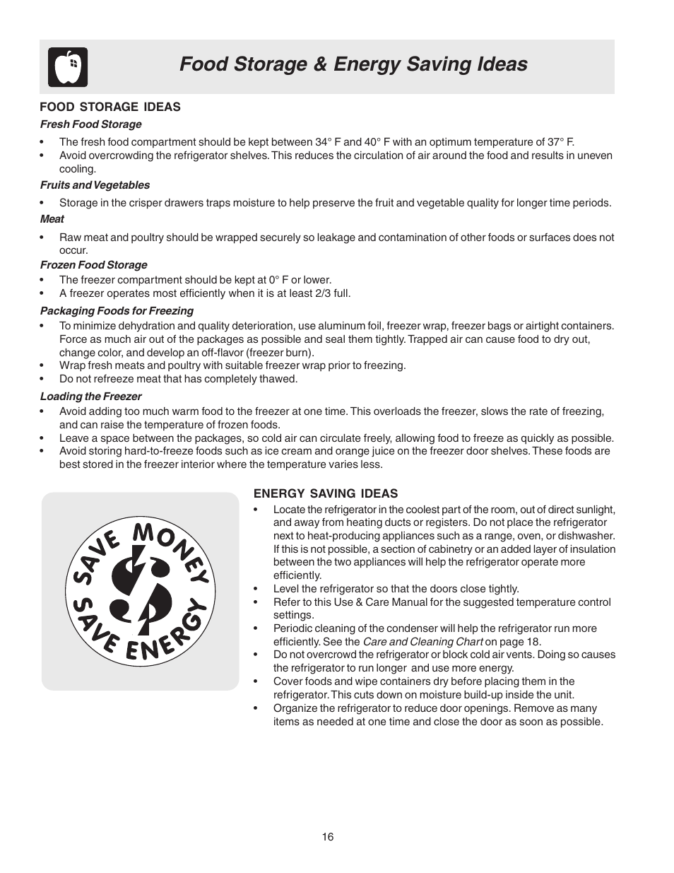 Food storage & energy saving ideas | Crosley 241559900 User Manual | Page 16 / 21