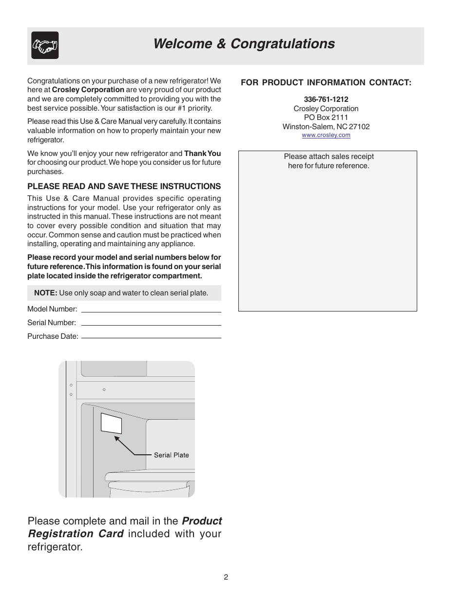 Product registration card, Please complete and mail in the, Included with your refrigerator | Crosley 241559900 User Manual | Page 2 / 21