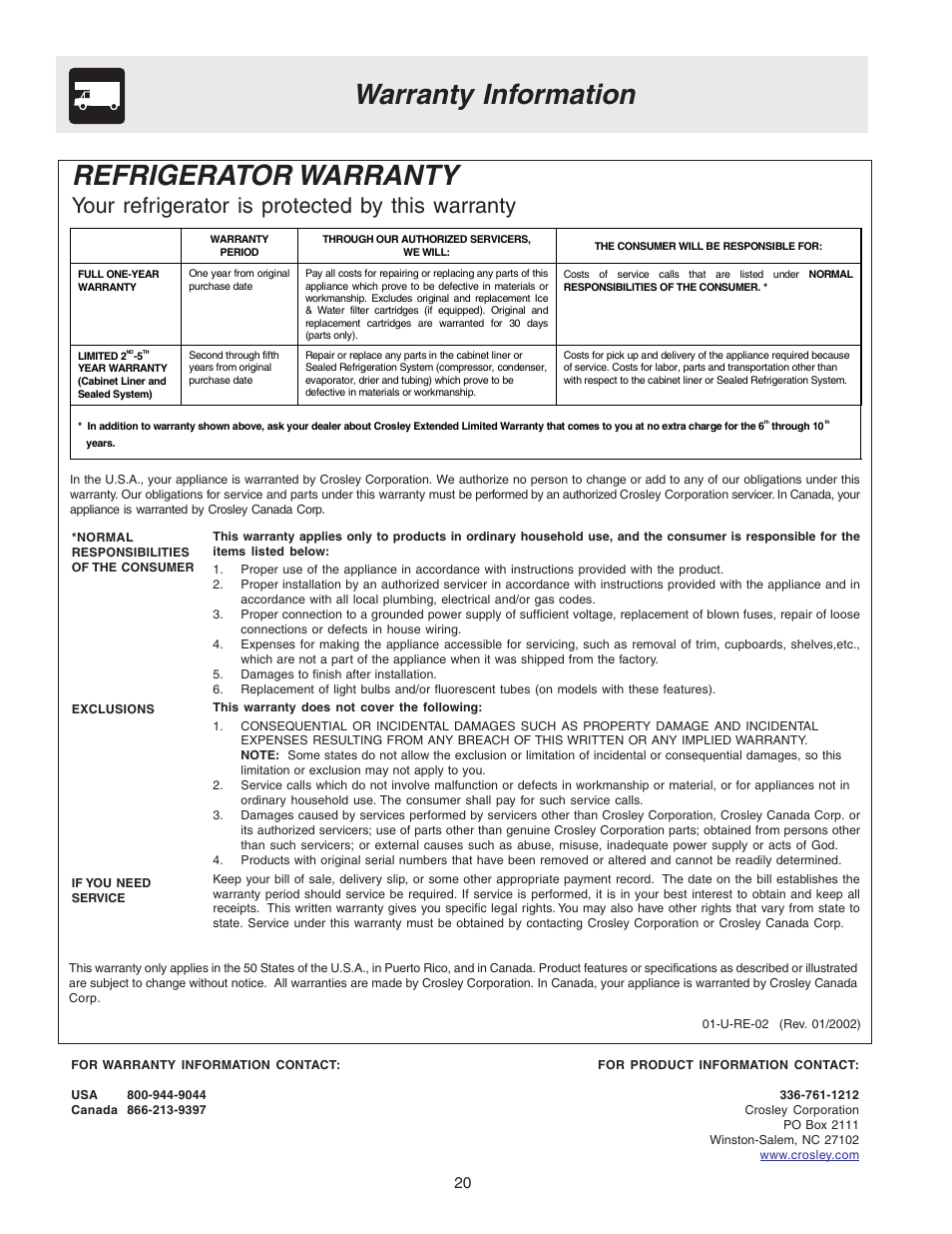Warranty information refrigerator warranty, Your refrigerator is protected by this warranty | Crosley 241559900 User Manual | Page 20 / 21