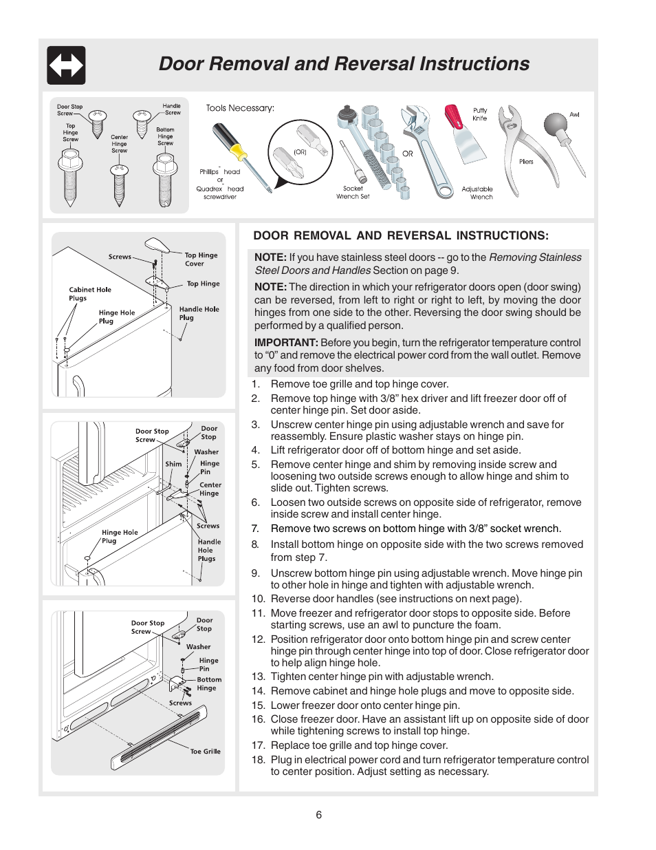 Door removal and reversal instructions | Crosley 241559900 User Manual | Page 6 / 21