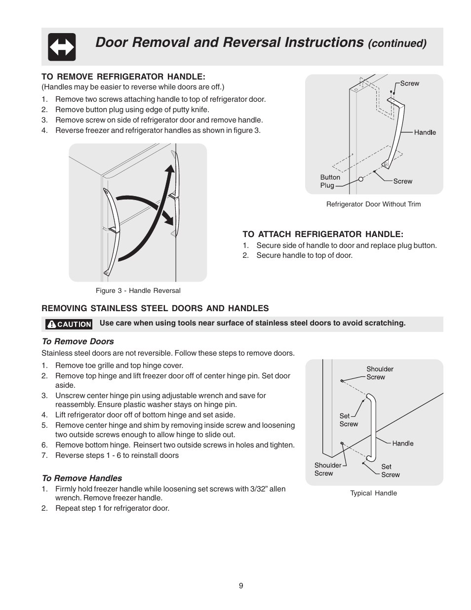 Door removal and reversal instructions, Continued) | Crosley 241559900 User Manual | Page 9 / 21