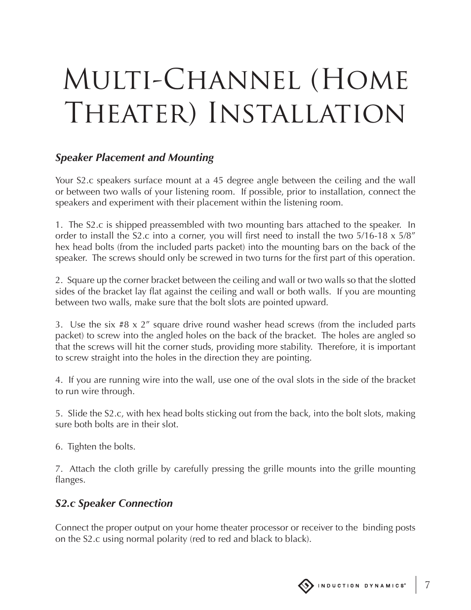 Multi-channel (home theater) installation | Induction Dynamics S2.c User Manual | Page 8 / 14