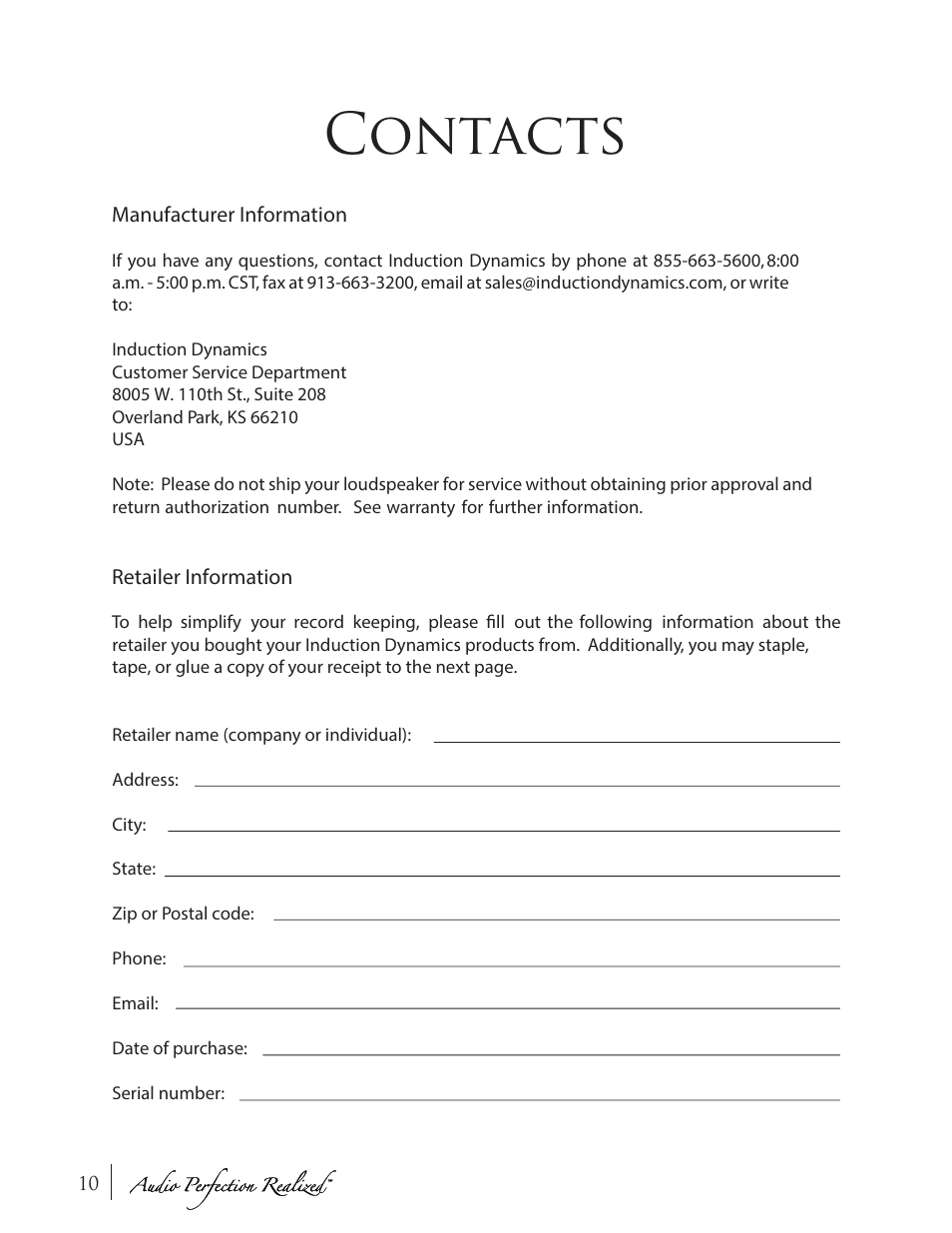 Contacts | Induction Dynamics C1 User Manual | Page 10 / 12