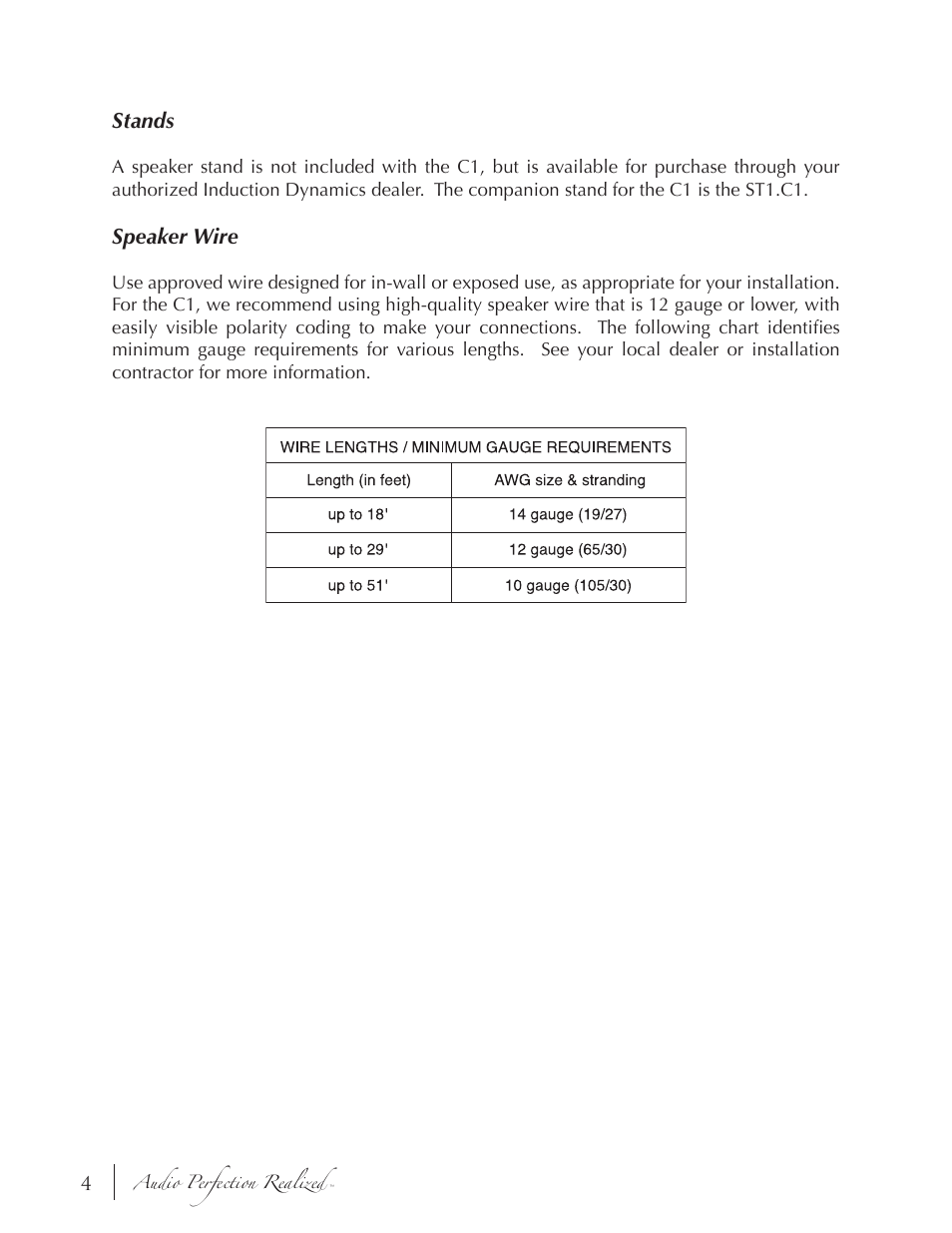Stands, Speaker wire | Induction Dynamics C1 User Manual | Page 4 / 12