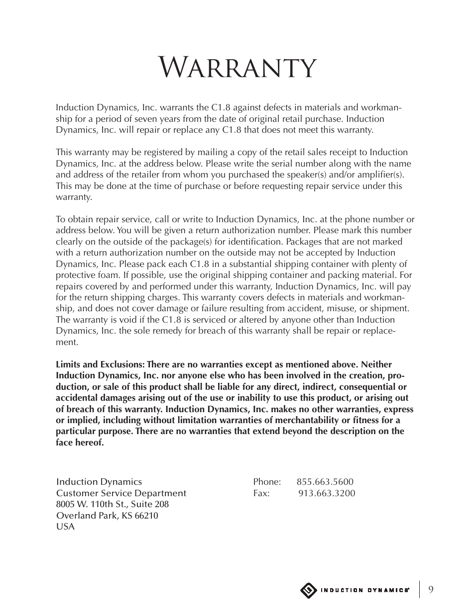 Warranty | Induction Dynamics C1 User Manual | Page 9 / 12