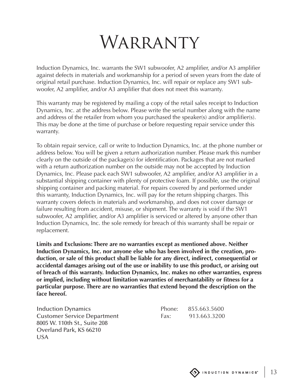Warranty | Induction Dynamics SW1 User Manual | Page 14 / 18