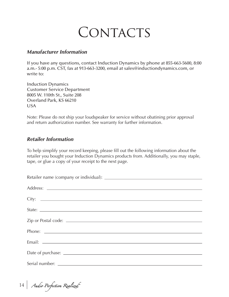Contacts | Induction Dynamics SW1 User Manual | Page 15 / 18