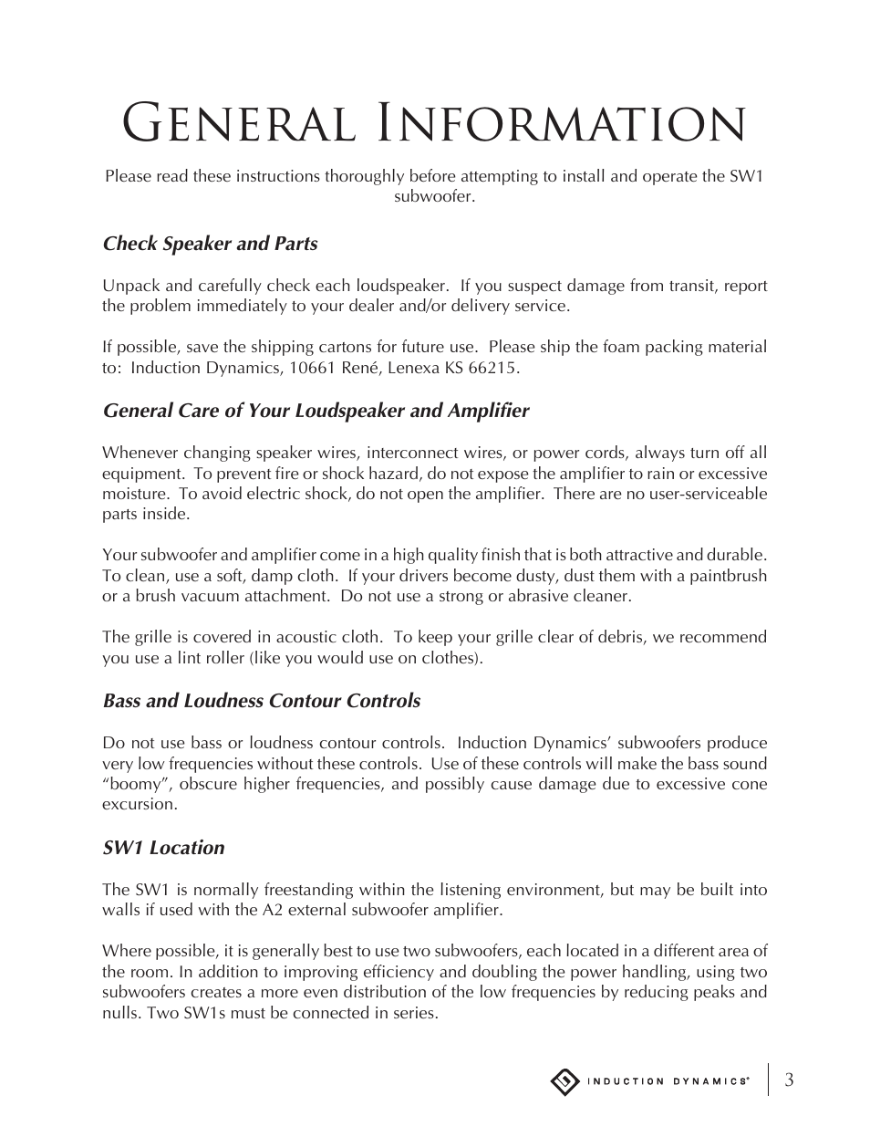 General information | Induction Dynamics SW1 User Manual | Page 4 / 18