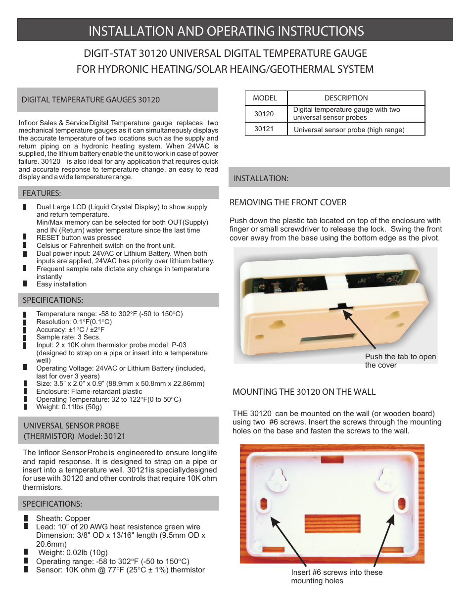 Infloor DIGIT-STAT 30120 UNIVERSAL DIGITAL TEMPERATURE GAUGE User Manual | 2 pages