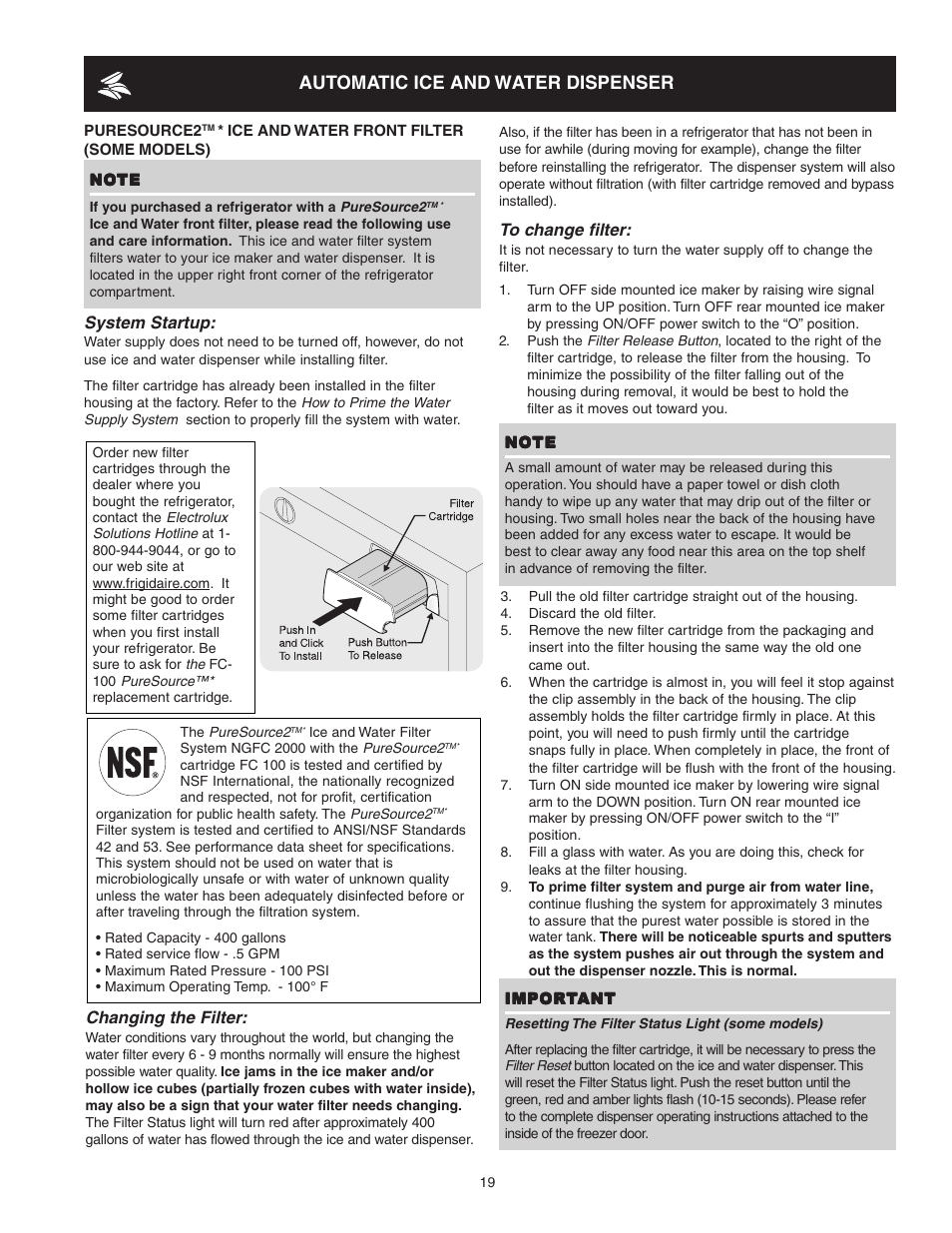 Automatic ice and water dispenser | Crosley 241024401 User Manual | Page 19 / 29