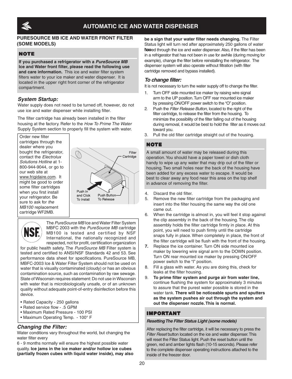 Automatic ice and water dispenser | Crosley 241024401 User Manual | Page 20 / 29