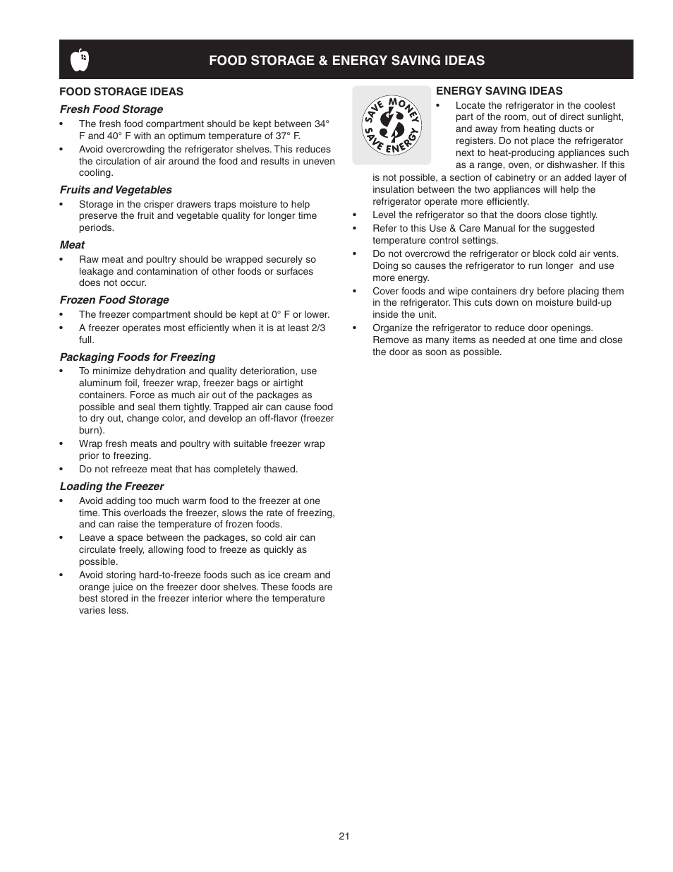 Food storage & energy saving ideas | Crosley 241024401 User Manual | Page 21 / 29