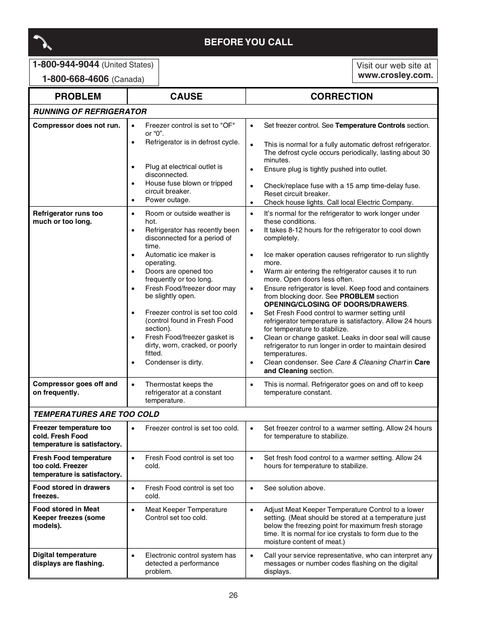 Before you call, Problem cause correction | Crosley 241024401 User Manual | Page 26 / 29
