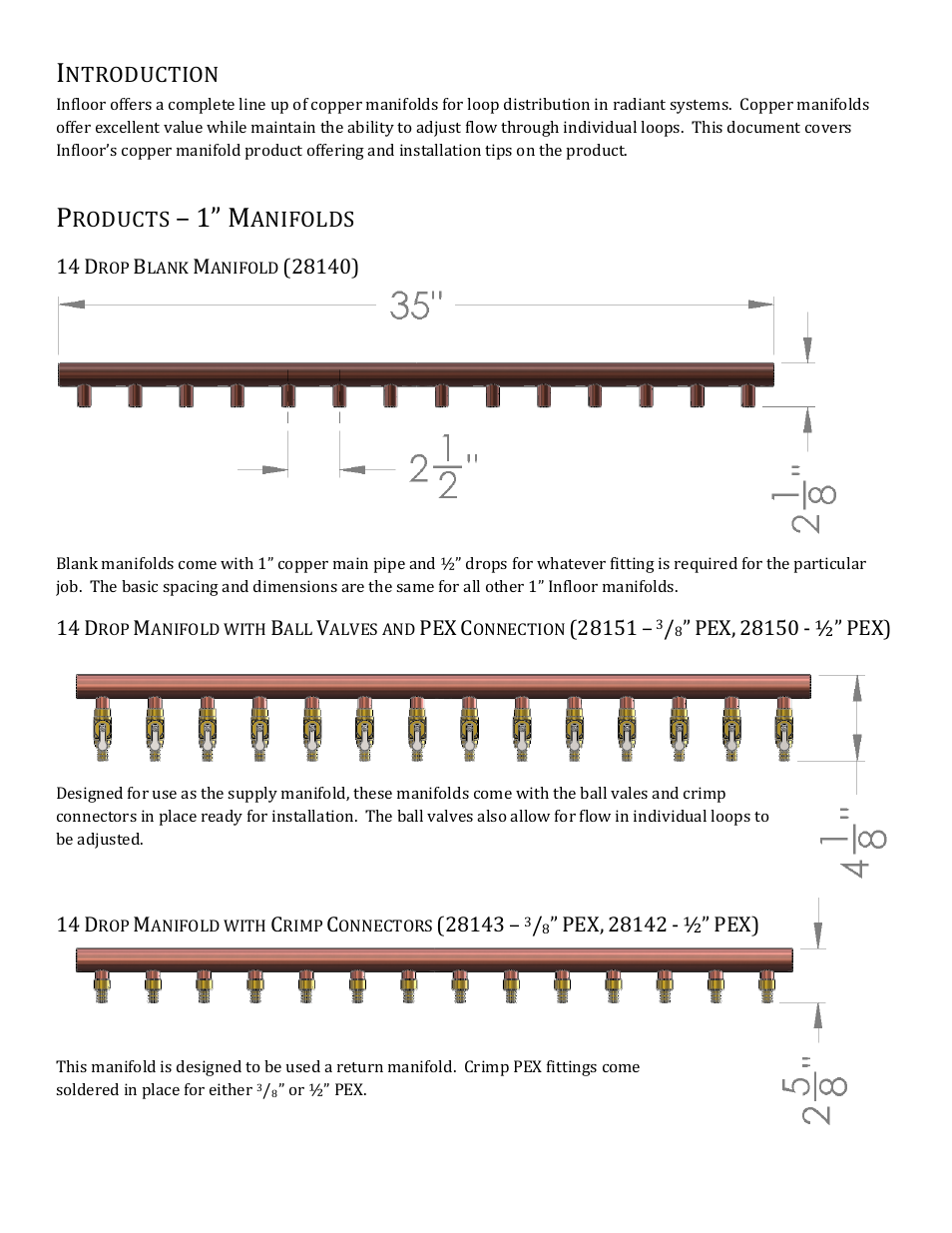 Introduction, Products – 1” manifolds, 14 drop blank manifold (28140) | Infloor Copper Manifold Guide User Manual | Page 2 / 3