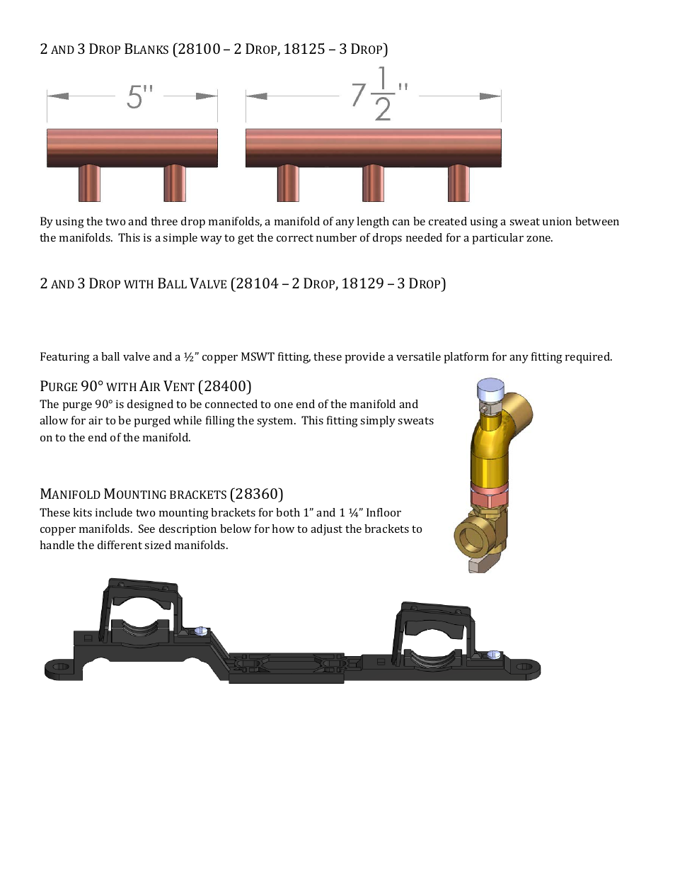 Purge 90 with air vent (28400), Manifold mounting brackets (28360) | Infloor Copper Manifold Guide User Manual | Page 3 / 3