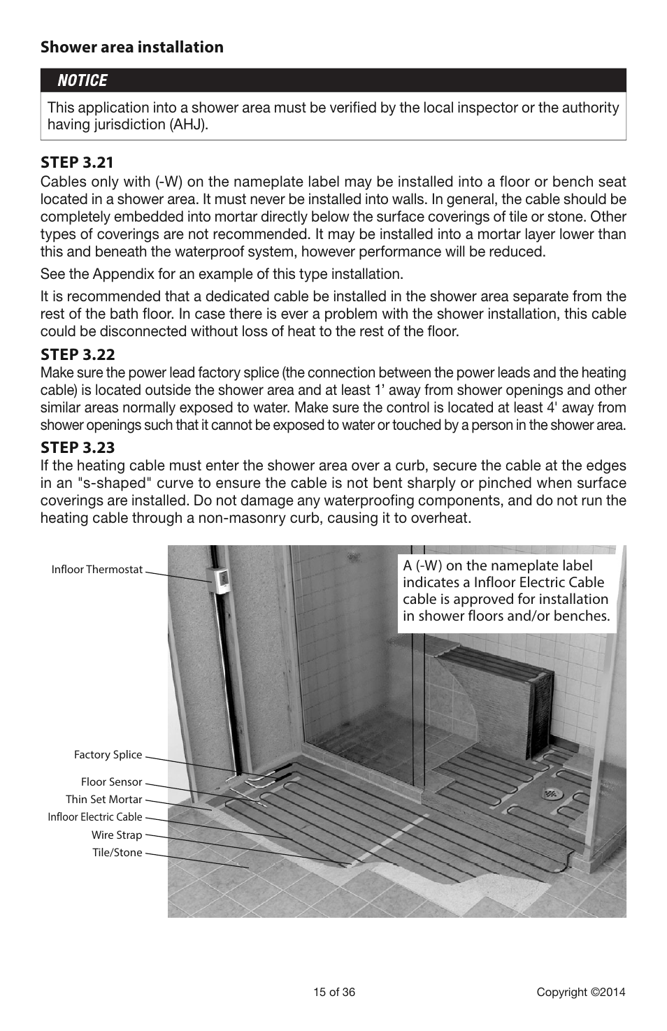 Shower area installation step 3.21, Step 3.22, Step 3.23 | Infloor Electric Cable Series 386 User Manual | Page 15 / 36