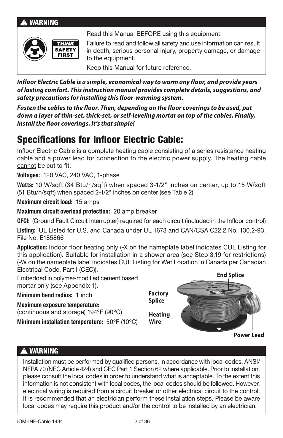 Specifications for infloor electric cable | Infloor Electric Cable Series 386 User Manual | Page 2 / 36