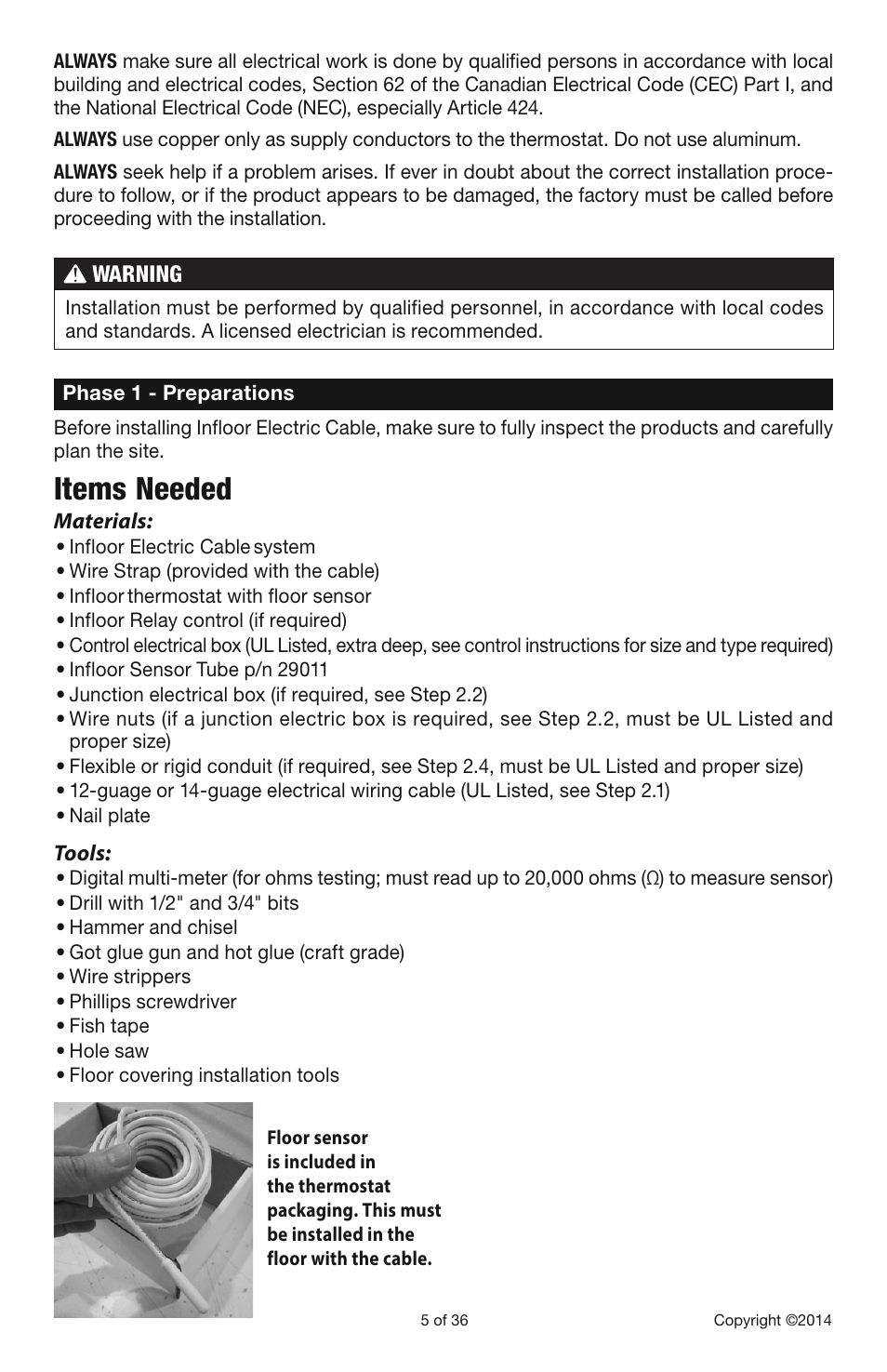 Items needed, Materials, Tools | Infloor Electric Cable Series 386 User Manual | Page 5 / 36
