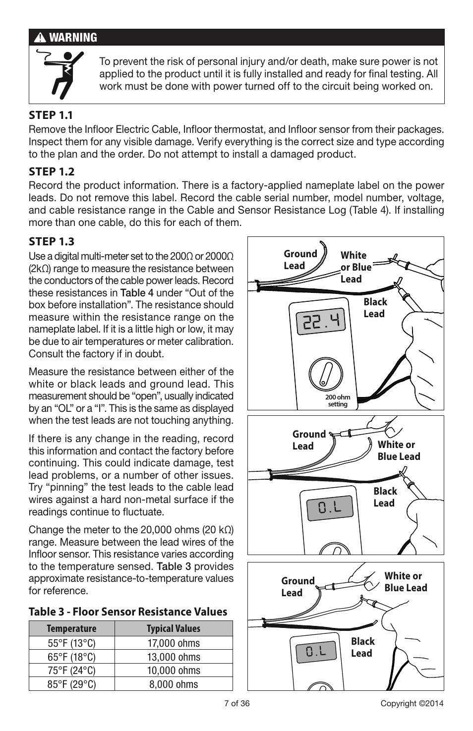 Table 3 - floor sensor resistance values step 1.1, Step 1.2, Step 1.3 | Infloor Electric Cable Series 386 User Manual | Page 7 / 36