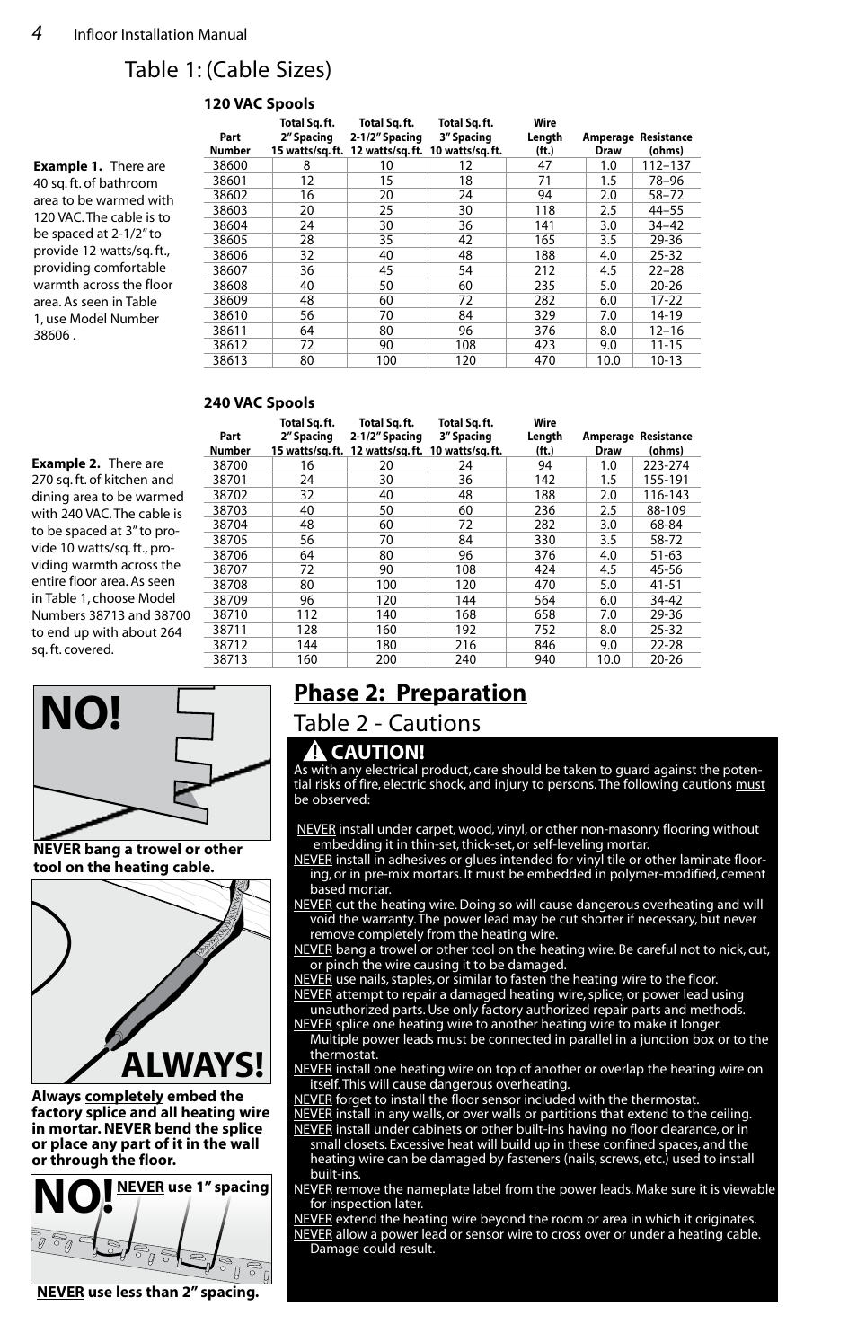 Always, Phase 2: preparation table 2 - cautions, Table 1: (cable sizes) | Caution | Infloor Standard Electric Cable User Manual | Page 4 / 28