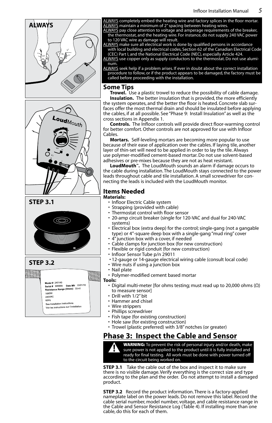 Phase 3: inspect the cable and sensor, Some tips, Items needed | Always step 3.1 step 3.2 | Infloor Standard Electric Cable User Manual | Page 5 / 28