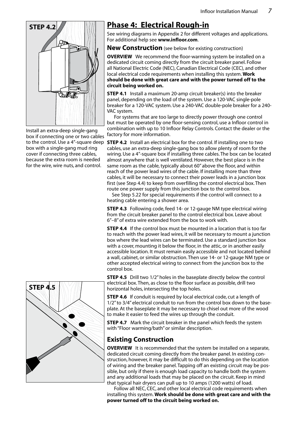 Phase 4: electrical rough-in, 7step 4.2, Step 4.5 | New construction, Existing construction | Infloor Standard Electric Cable User Manual | Page 7 / 28