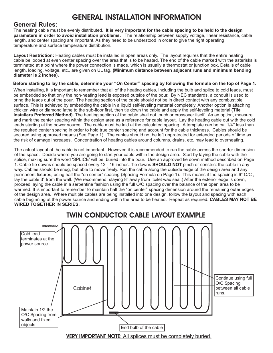 General installation information, Twin conductor cable layout example, General rules | Infloor Heavy-Duty Cable User Manual | Page 3 / 4