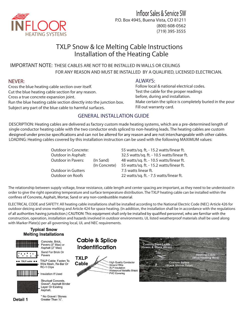 Infloor Snow Melt Heavy-Duty Cable User Manual | 4 pages