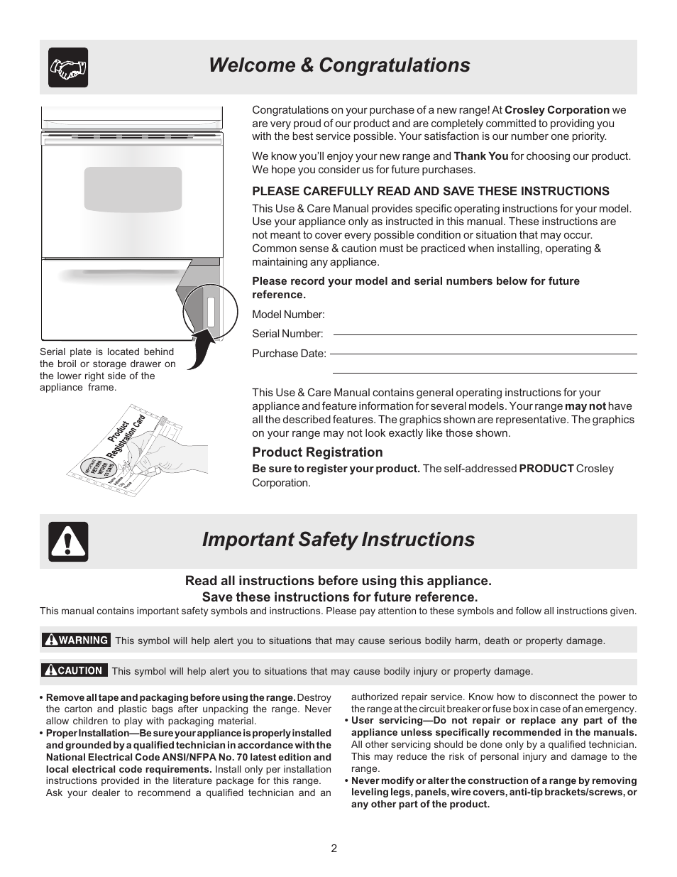 Important safety instructions | Crosley ES100 User Manual | Page 2 / 16