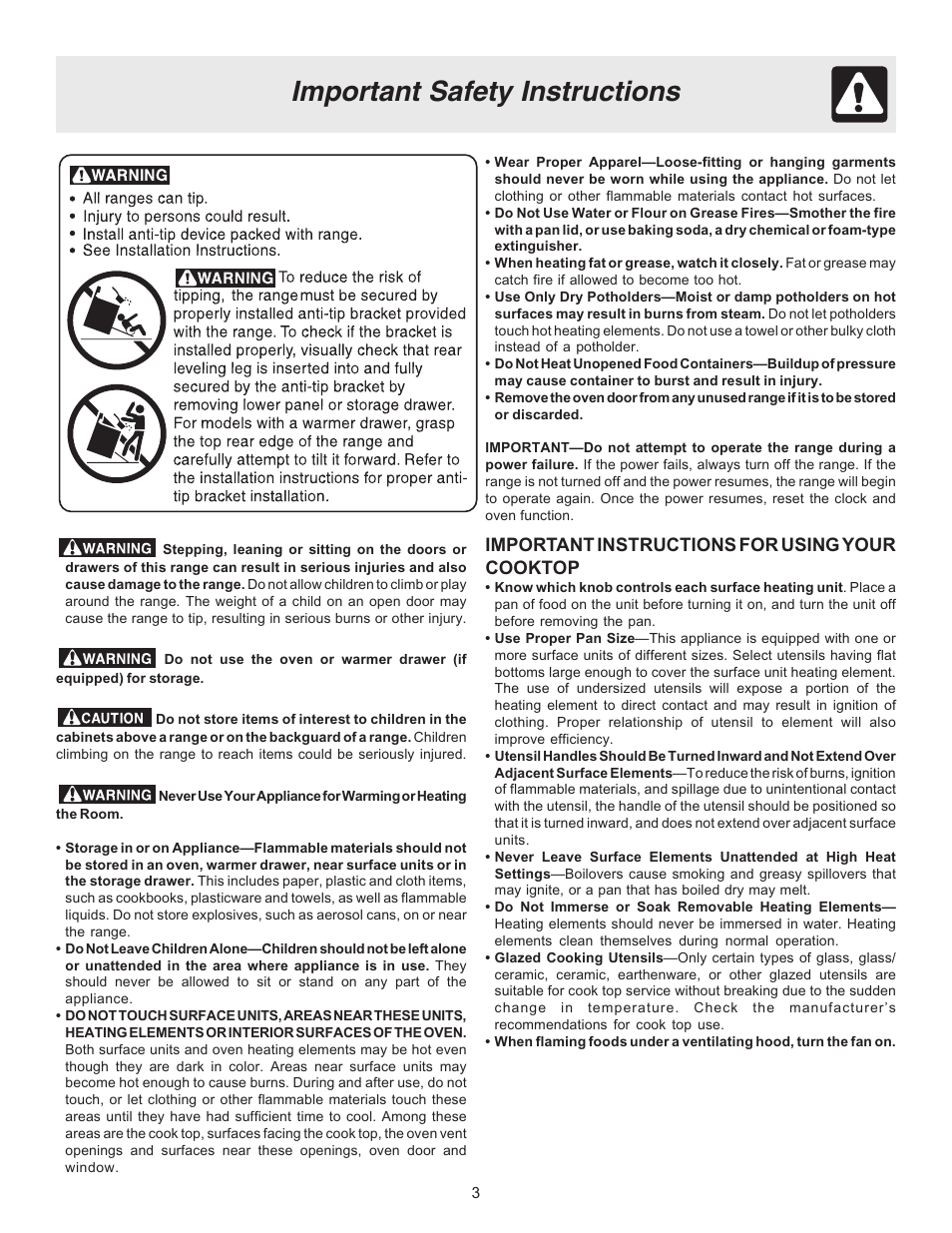 Important safety instructions, Important instructions for using your cooktop | Crosley ES100 User Manual | Page 3 / 16