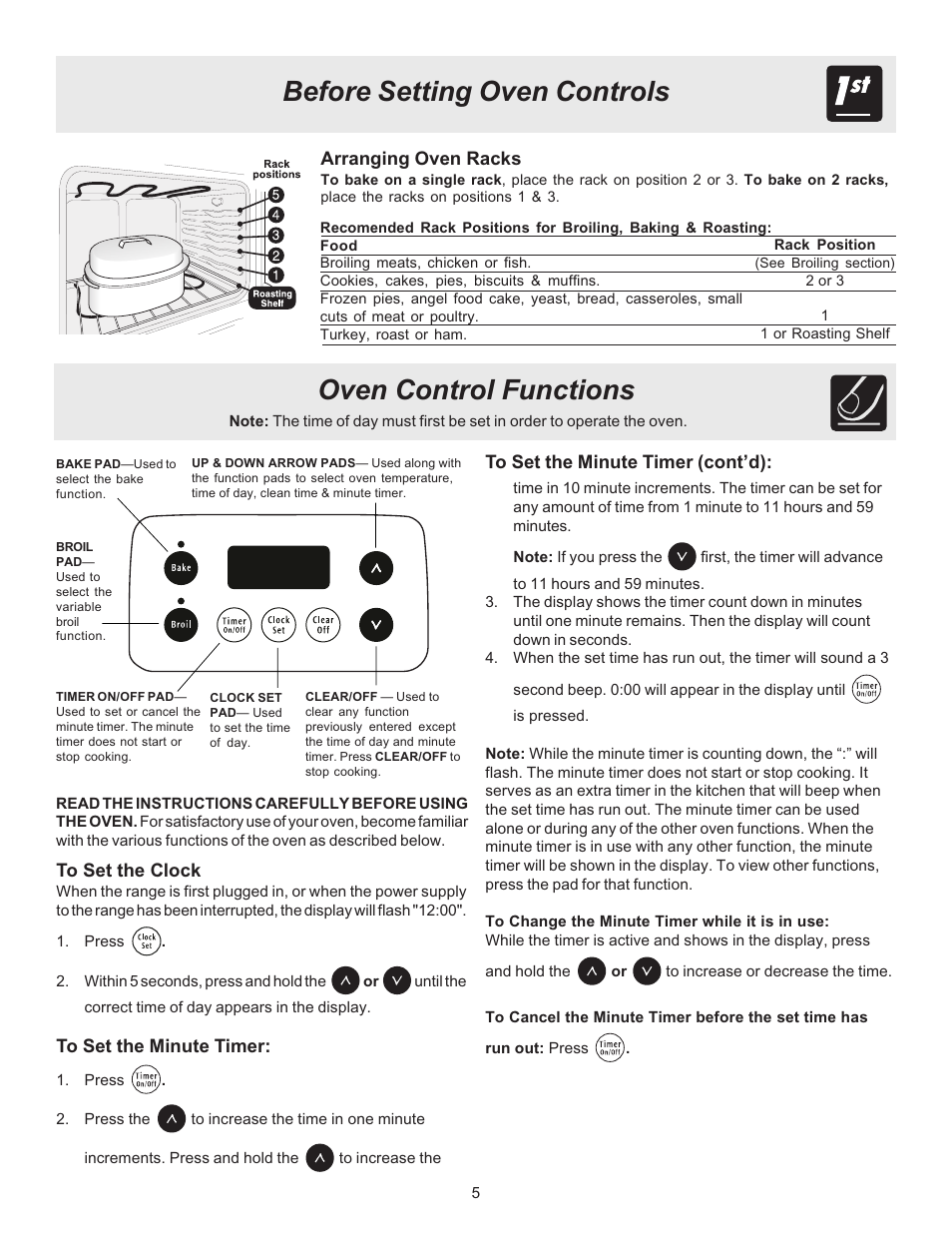 Before setting oven controls, Oven control functions | Crosley ES100 User Manual | Page 5 / 16