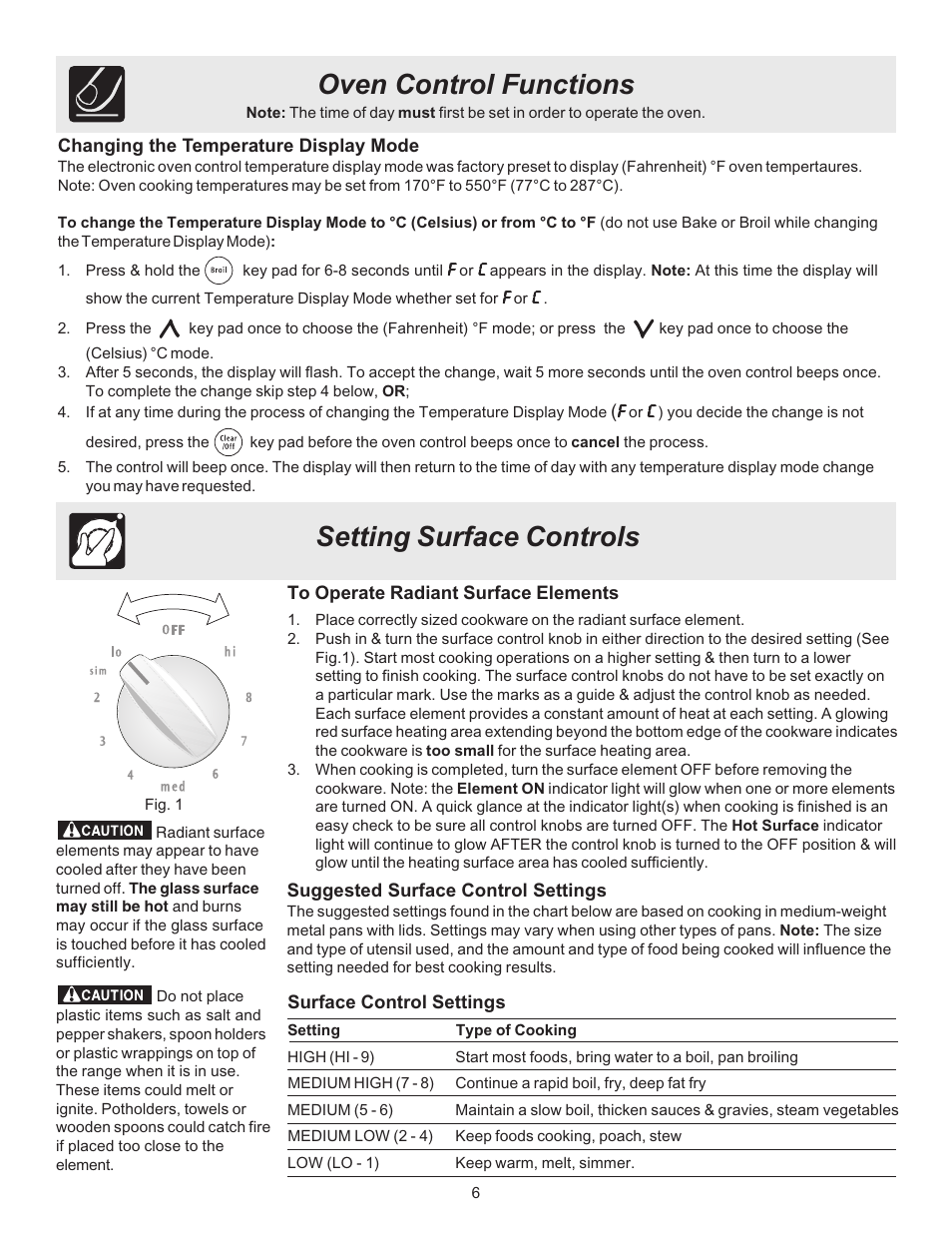 Setting surface controls, Oven control functions | Crosley ES100 User Manual | Page 6 / 16
