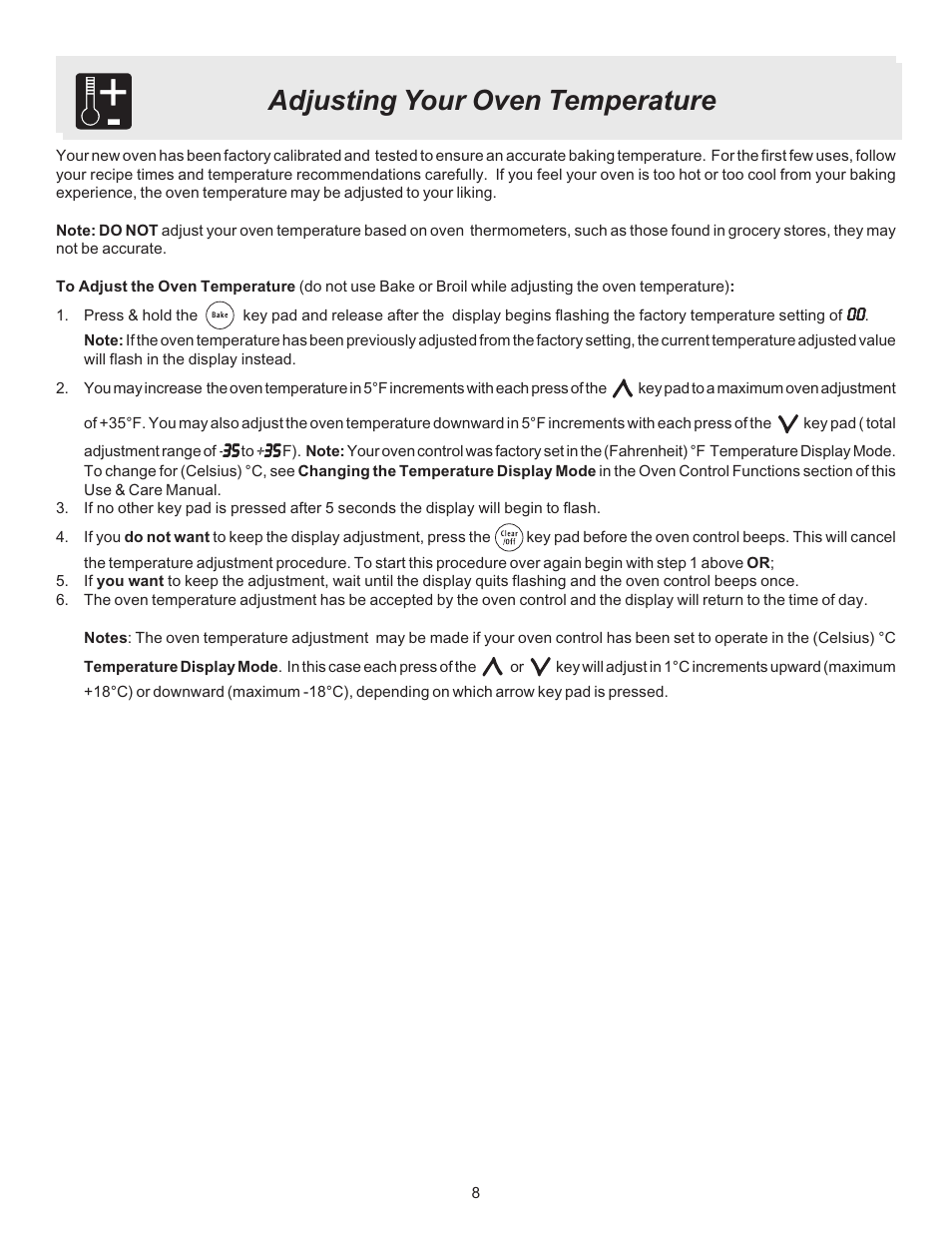 Adjusting your oven temperature | Crosley ES100 User Manual | Page 8 / 16