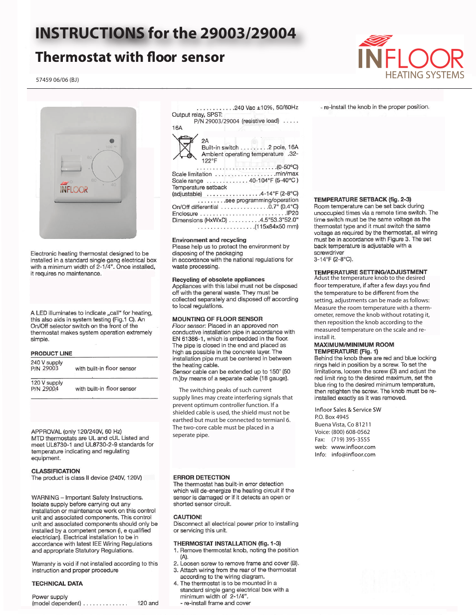 Infloor Thermostat 29003 User Manual | 2 pages