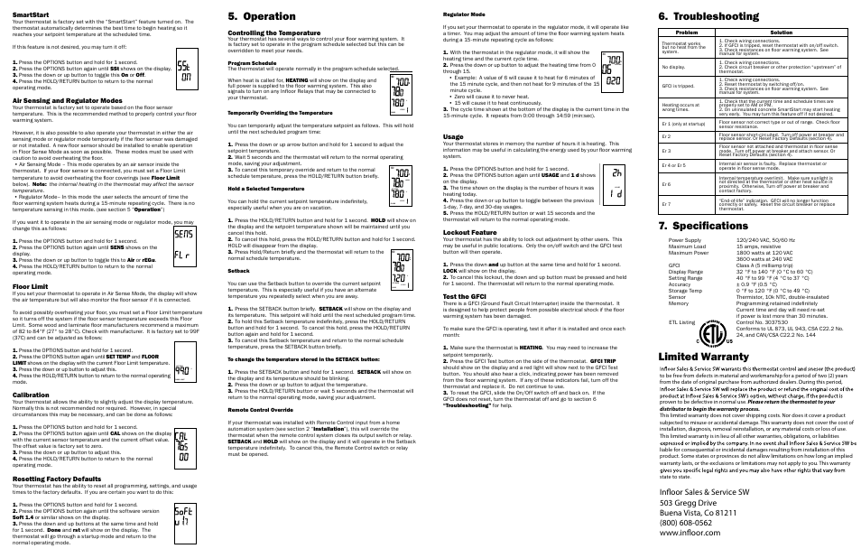 Limited warranty 5. operation, Speciﬁcations, Troubleshooting | Lockout feature, Test the gfci, Controlling the temperature, Usage, Air sensing and regulator modes, Floor limit, Calibration | Infloor Thermostat 29050 V1 User Manual | Page 2 / 2