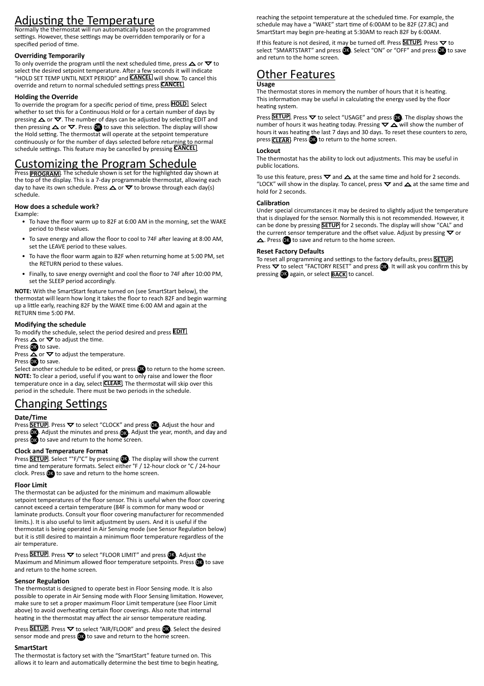 Adjusting the temperature, Customizing the program schedule, Changing settings | Other features | Infloor Thermostat 29050 V2 User Manual | Page 3 / 4