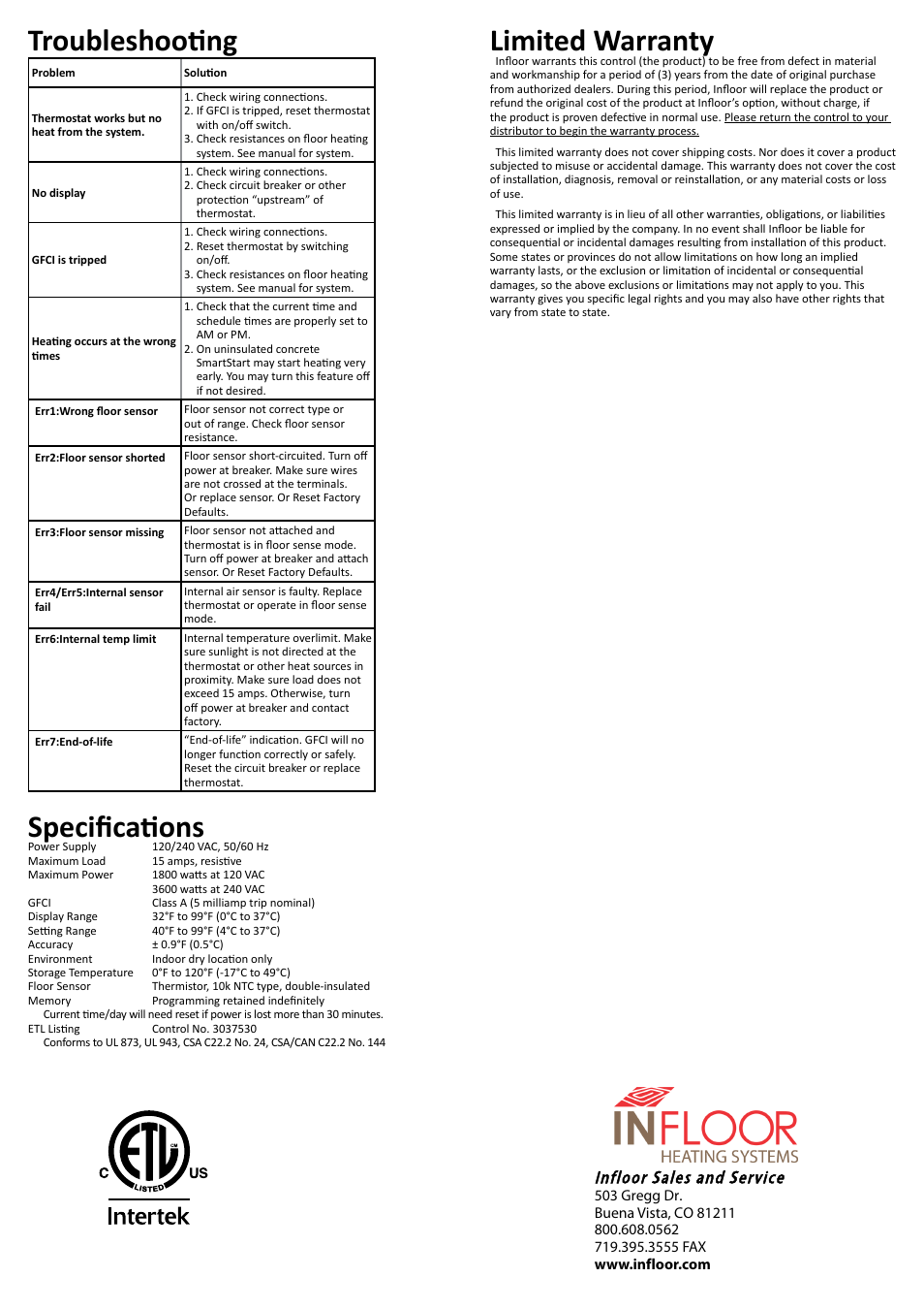 Troubleshooting, Specifications, Limited warranty | Infloor Thermostat 29050 V2 User Manual | Page 4 / 4