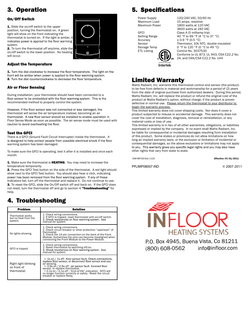 Limited warranty, Troubleshooting, Operation | Infloor Thermostat 29052 User Manual | Page 2 / 2