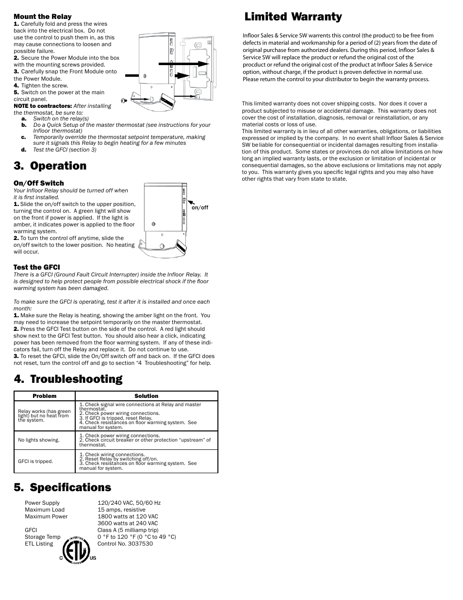 Limited warranty, Speciﬁcations, Troubleshooting | Operation | Infloor Thermostat 29053 V1 User Manual | Page 2 / 2