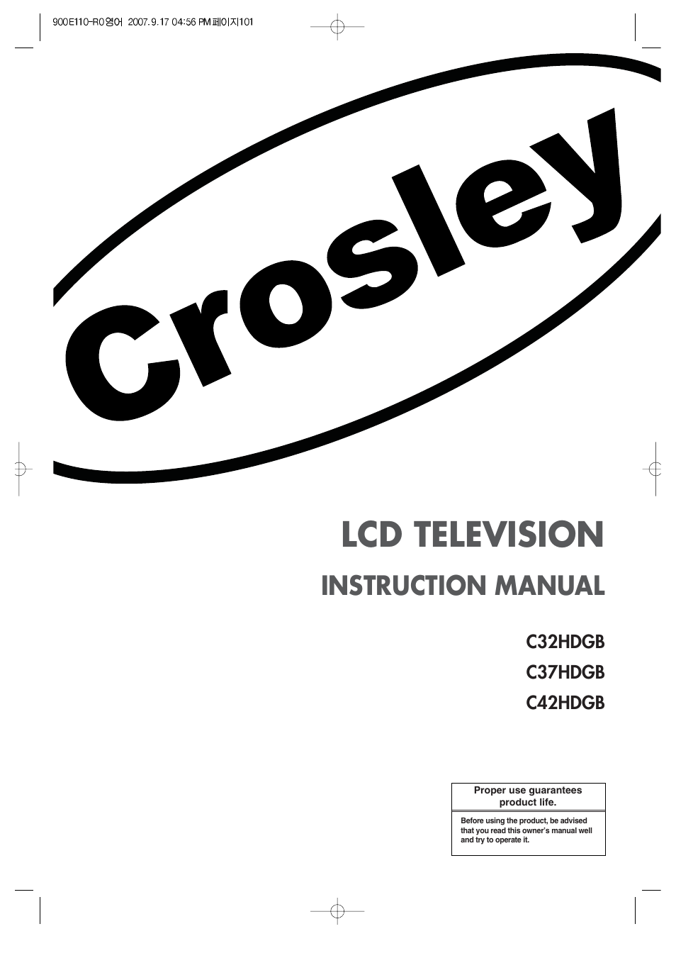 Lcd television, Instruction manual | Crosley C37HDGB User Manual | Page 2 / 61