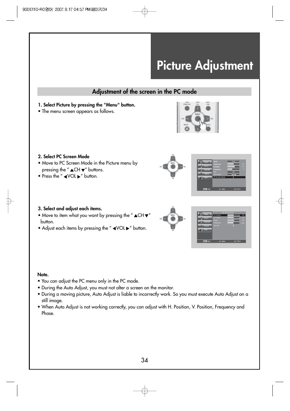 Picture adjustment, Adjustment of the screen in the pc mode | Crosley C37HDGB User Manual | Page 36 / 61