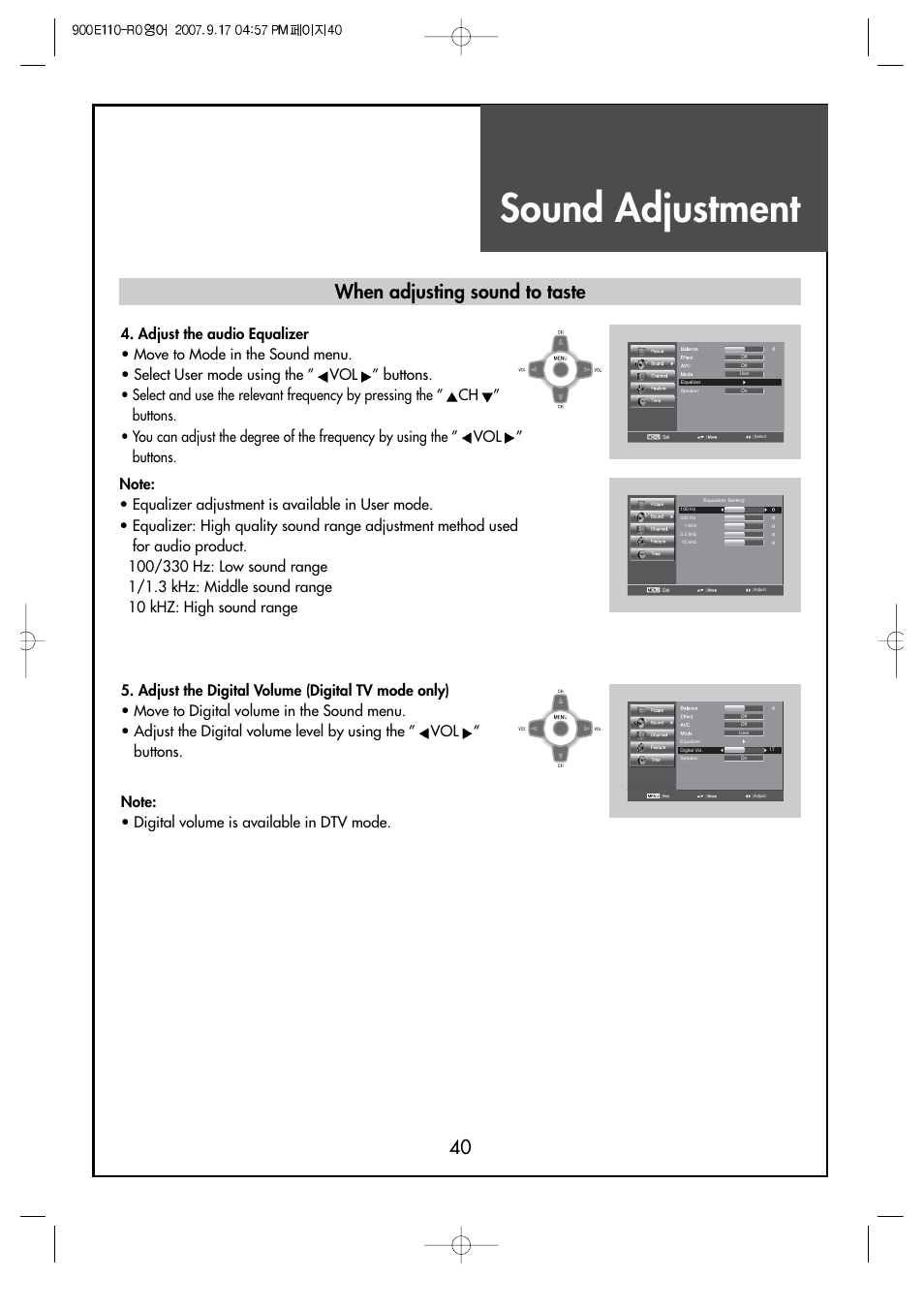 Sound adjustment, 40 when adjusting sound to taste | Crosley C37HDGB User Manual | Page 42 / 61