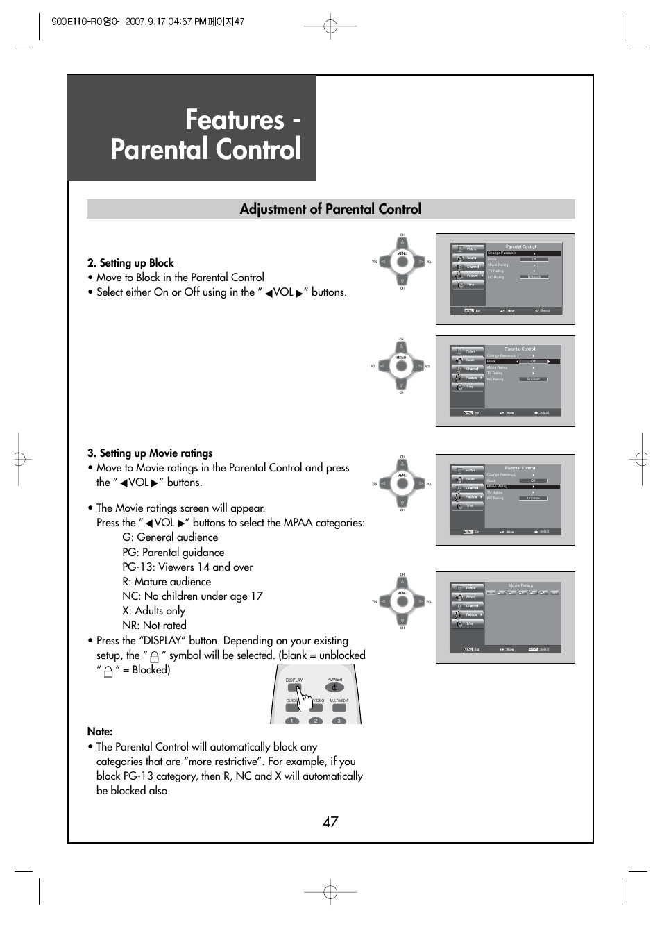 Features - parental control, Adjustment of parental control | Crosley C37HDGB User Manual | Page 49 / 61