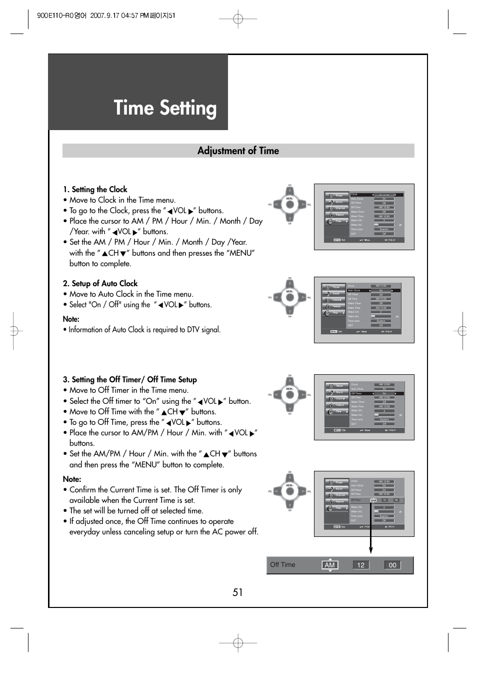 Time setting, Adjustment of time, Off time 12 00 am | Crosley C37HDGB User Manual | Page 53 / 61