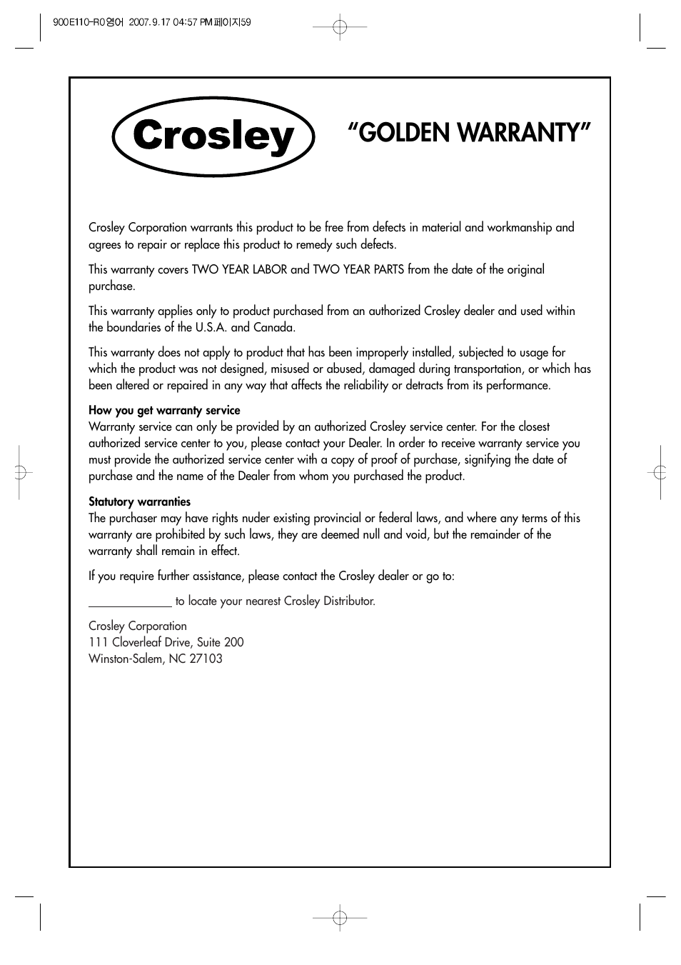 Golden warranty | Crosley C37HDGB User Manual | Page 61 / 61