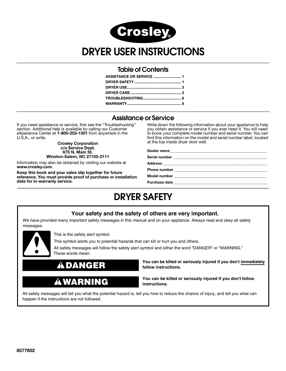 Crosley Clothes Dryer User Manual | 8 pages