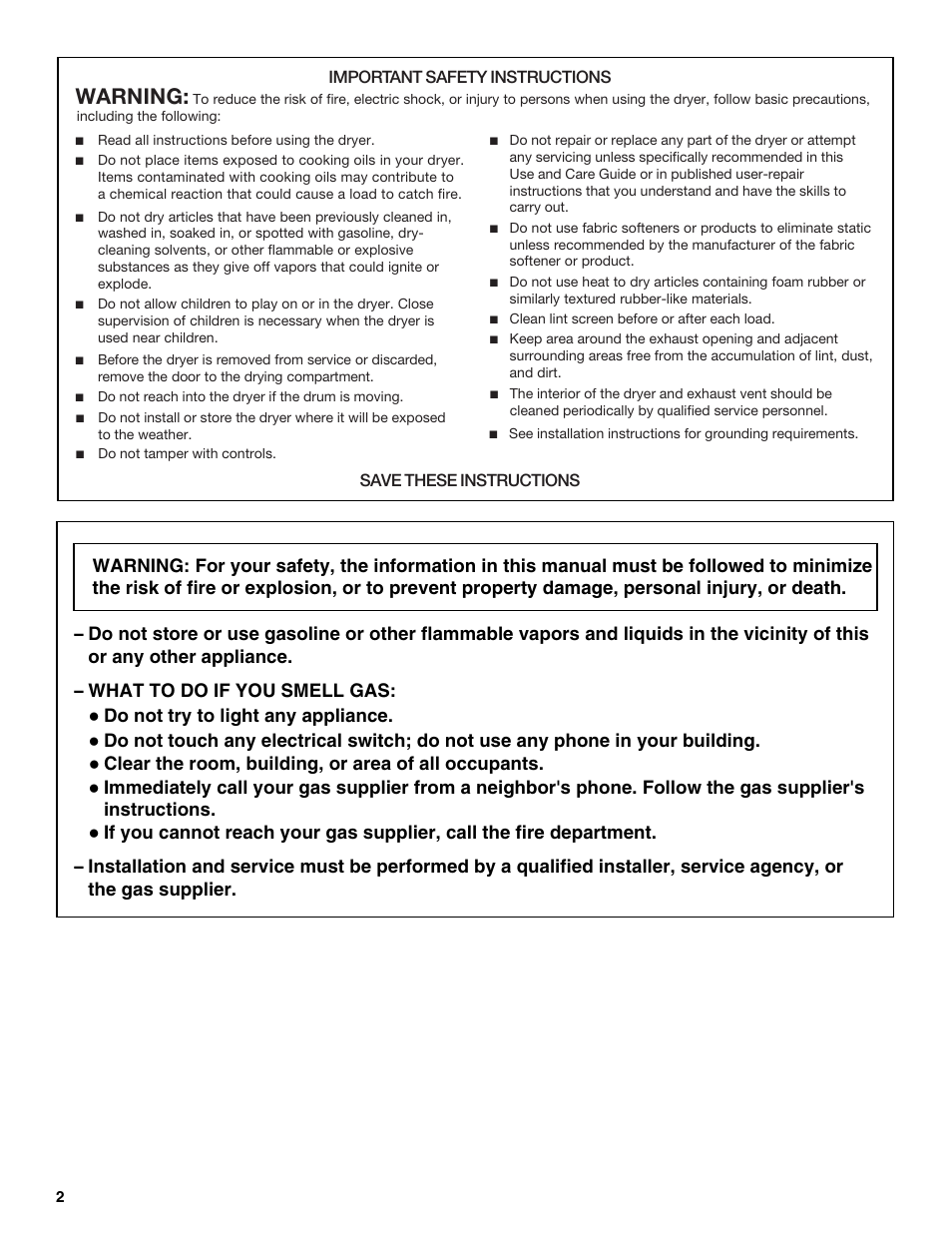 Warning | Crosley Clothes Dryer User Manual | Page 2 / 8