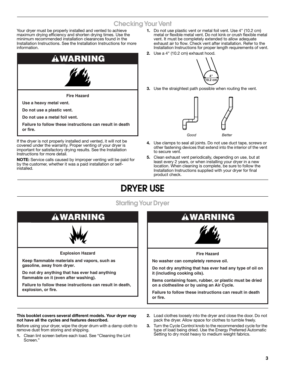 Dryer use, Warning, Checking your vent | Starting your dryer | Crosley Clothes Dryer User Manual | Page 3 / 8